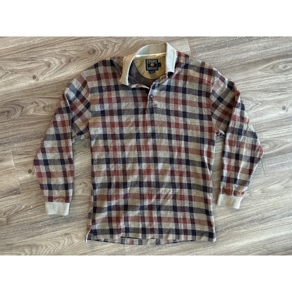 Chaps Ralph Lauren Mens Large Plaid Long Sleeve Rugby Polo Shirt Brown Cotton